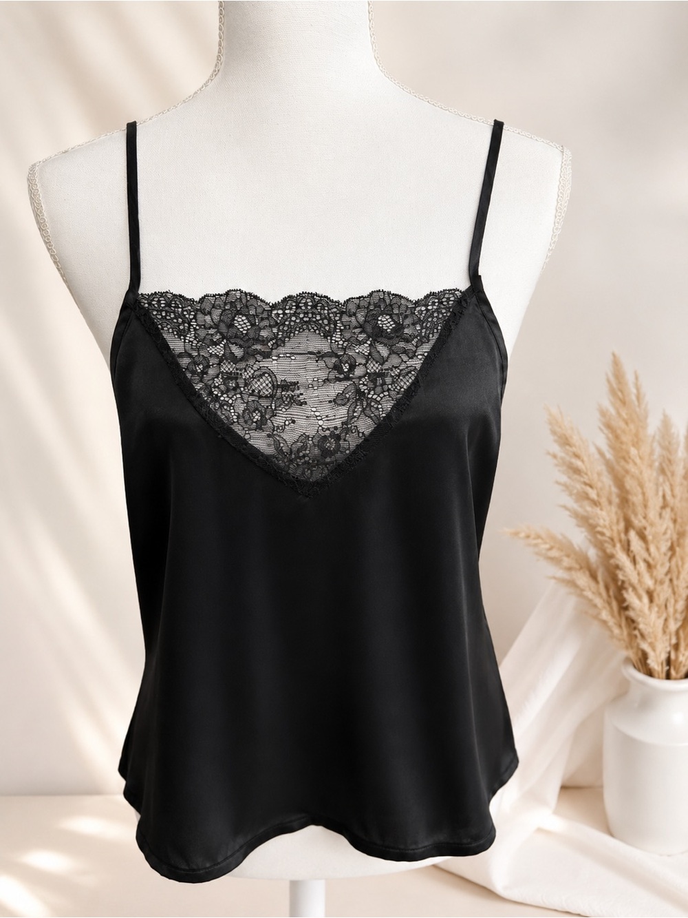 Sam Edelman Black Satin Cami with Lace Trim